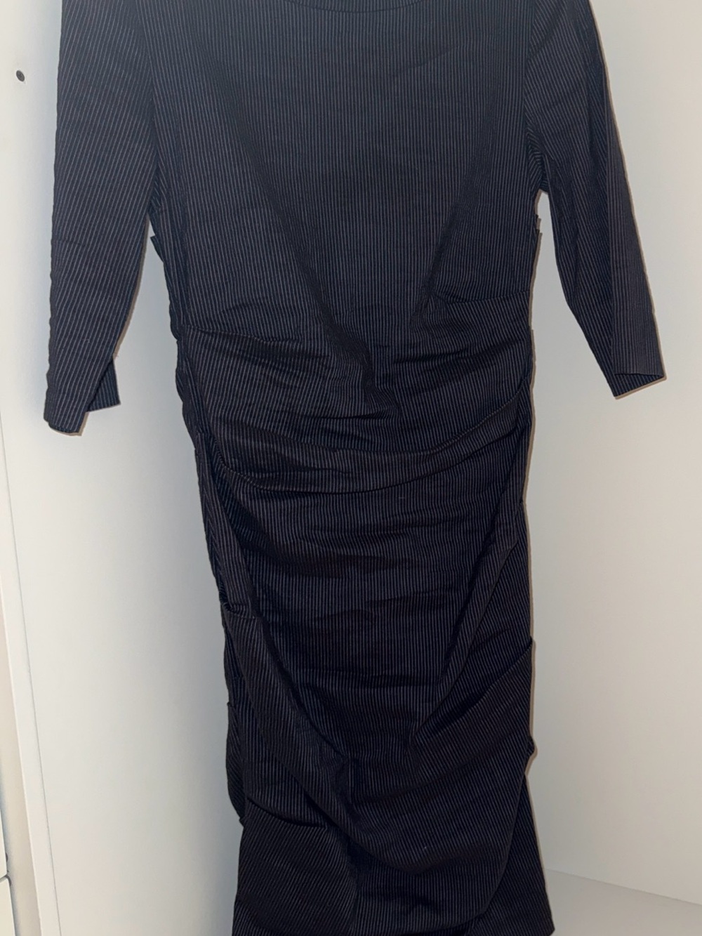 Sara Campbell Navy Three-Quarter Sleeve Ruched Sheath Dress USA linen/cotton